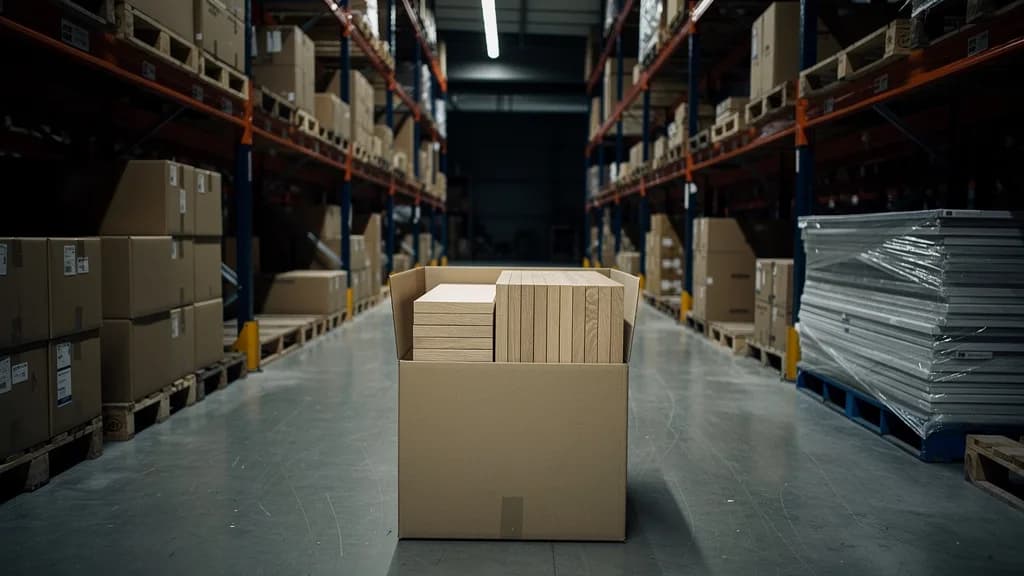 Offener Karton mit hellen Regalböden in einem Lagergang zwischen Palettenregalen und folienverpackten Platten.