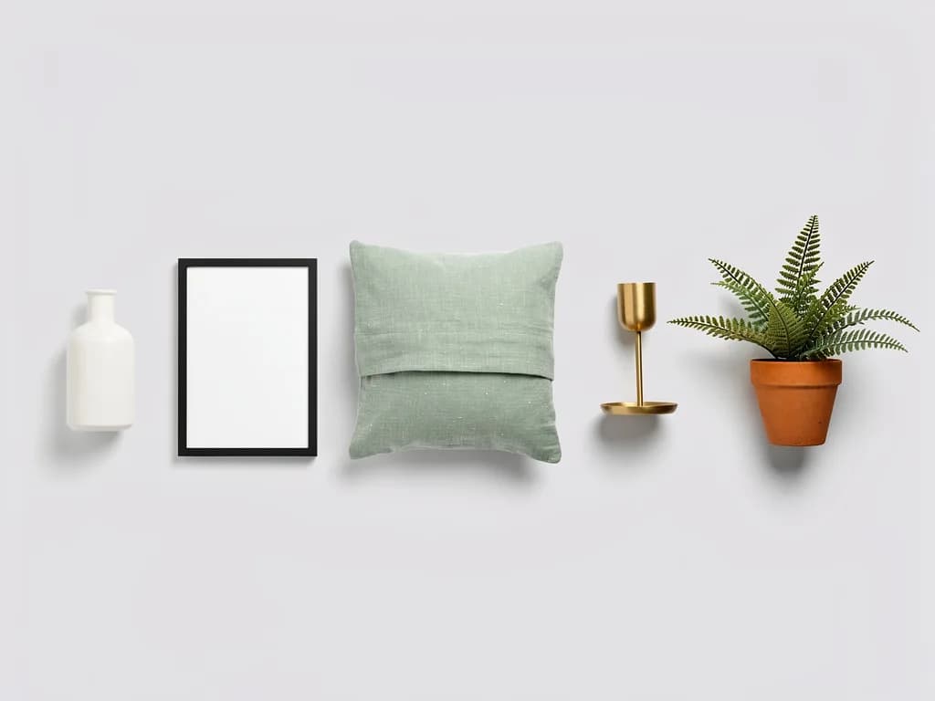 Fünf verschiedene Wohnaccessoires nebeneinander: Vase, Bilderrahmen, Kissenhülle, Kerzenhalter und Zimmerfarn.