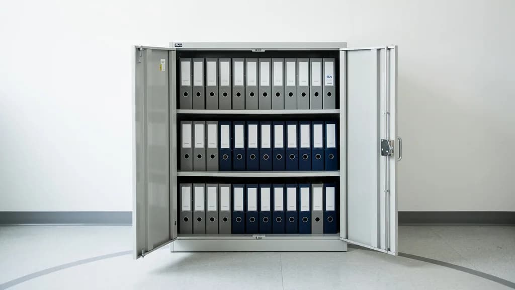Grauer Stahl-Aktenschrank mit geöffneten Flügeltüren, drei Fachböden voller Ordner und angedeutetem Türschwenk am Boden.