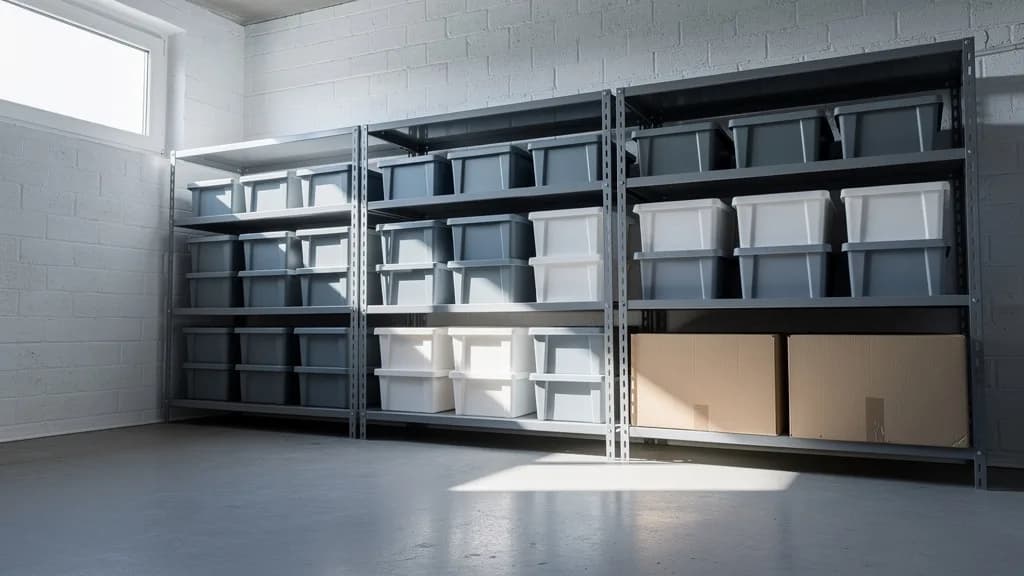 Kellerregal mit gestapelten grauen Kunststoffboxen, unten zwei braune Kartons