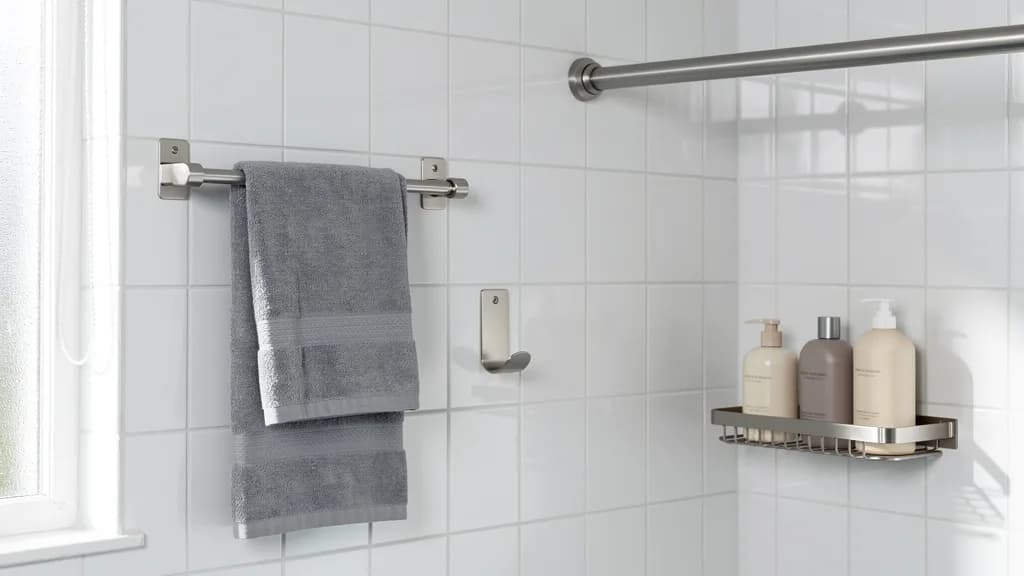 Verchromte Handtuchstange mit grauen Handtüchern, Klebehaken und Edelstahl-Duschablage an weißen Fliesen im Mietbad.