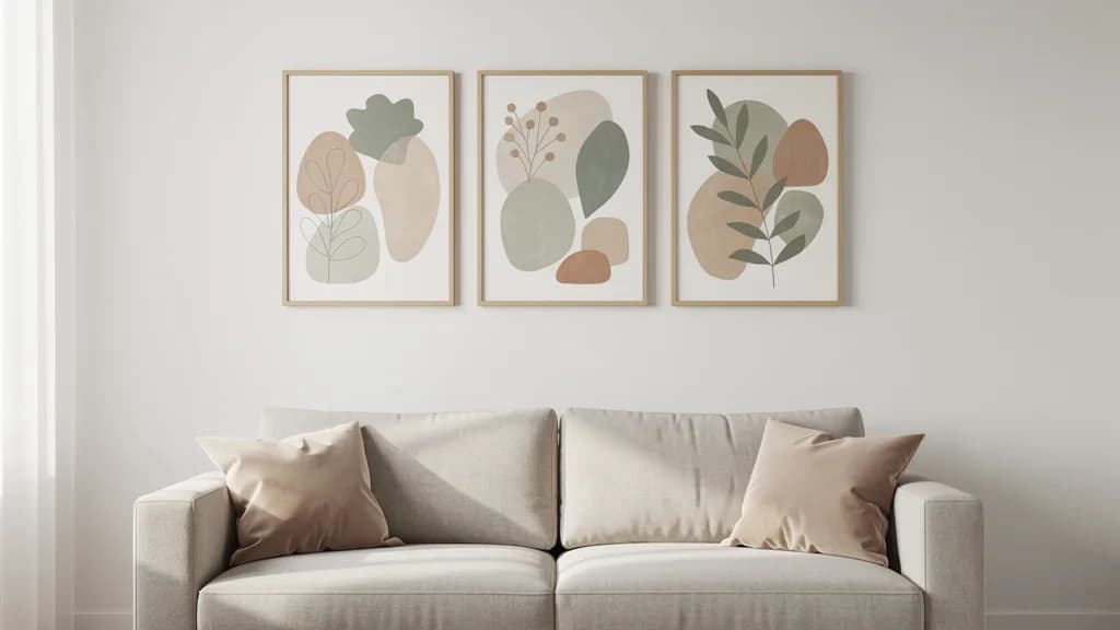 Drei gerahmte Kunstdrucke mit abstrakten Pflanzenmotiven hängen in einer Reihe über einem beigen Stoffsofa.