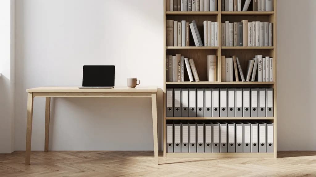 Helles Eichenregal im Homeoffice, unten zwei Reihen weißer und grauer A4-Ordner, darüber Hardcover-Bücher, daneben ein Holzschreibtisch mit Laptop und Keramiktasse