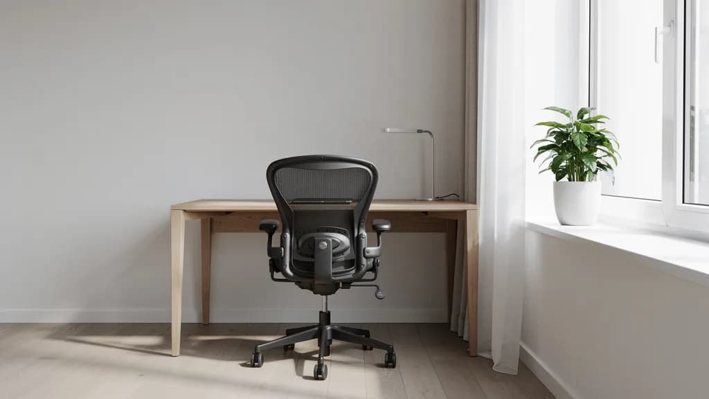Ergonomischer schwarzer Netz-Bürostuhl an einem hellen Holz-Schreibtisch am Fenster in einem hellen Homeoffice