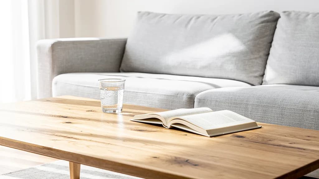 Massiver Eichen-Couchtisch mit Wasserglas und aufgeschlagenem Buch vor einem hellgrauen Stoffsofa im Wohnzimmer