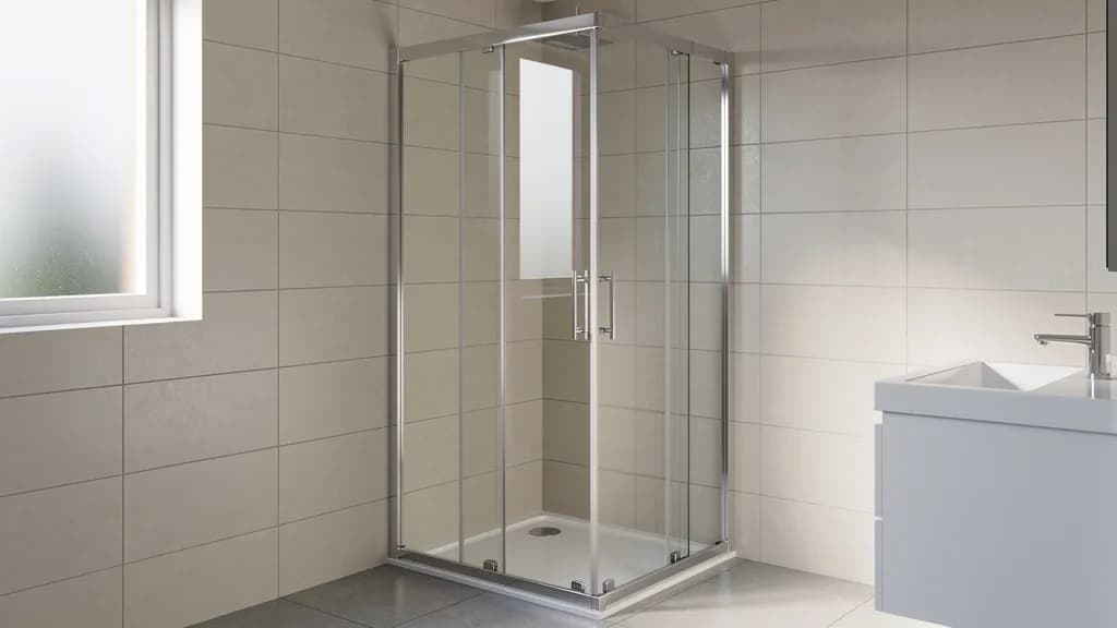 Eckdusche mit klarem Sicherheitsglas und Schiebetür in einem hellen, gefliesten Bad neben dem Waschbecken.
