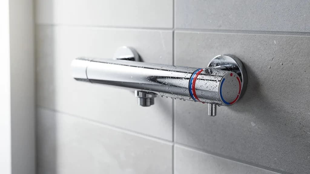 Wandmontierter verchromter Thermostat-Duschmischer mit rot-blauem Temperaturgriff und Wassertropfen auf grauen Fliesen.