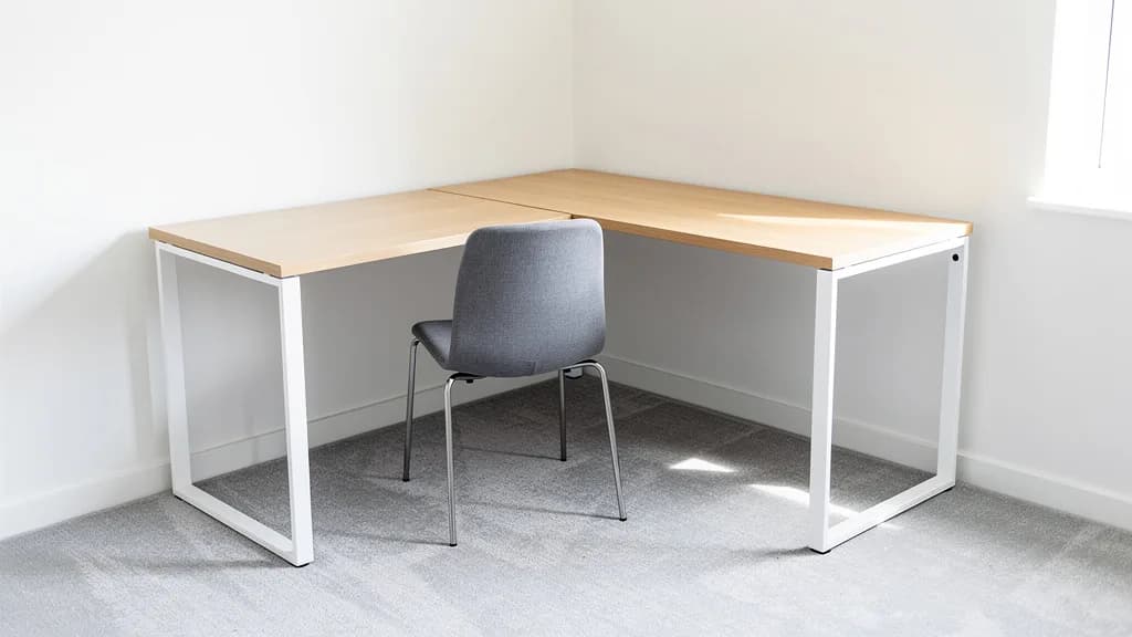 Heller Eck-Schreibtisch in Eiche mit weißem Rahmengestell und freiem Beinraum in einer Büroecke.