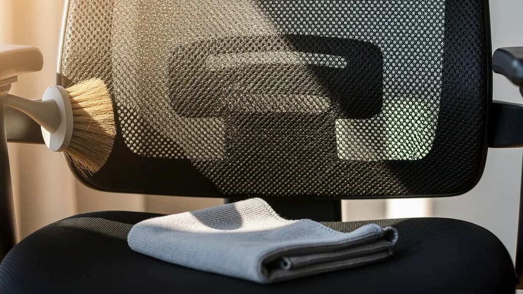 Netzrücken eines Ergonomiestuhls in Nahaufnahme mit weicher Bürste und gefaltetem Mikrofasertuch auf dem Sitzpolster.