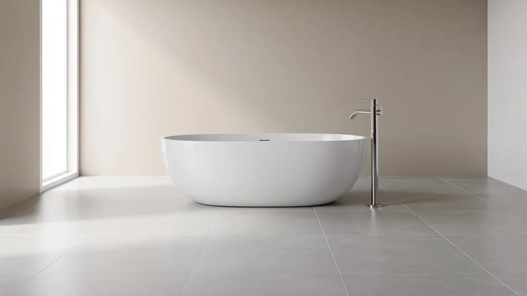 Freistehende weiße ovale Badewanne mit bodenstehender Chromarmatur und viel Freiraum auf grauen Bodenfliesen
