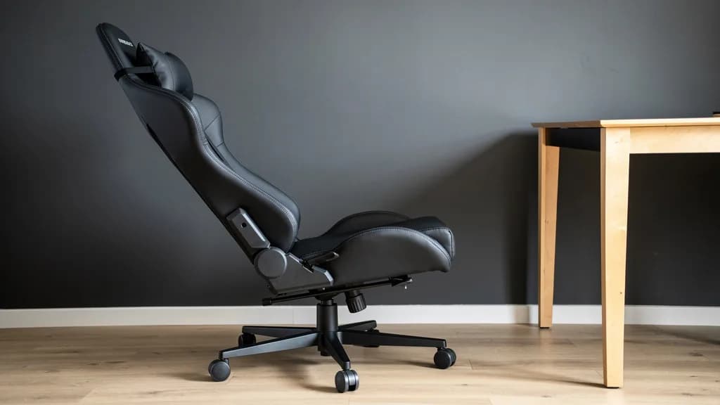 Gamingstuhl mit Racing-Schalensitz weit zurückgelehnt vor grauer Wand, daneben ein heller Schreibtisch.