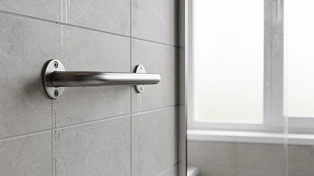 Gebürsteter Edelstahl-Haltegriff, fest an die graue Fliesenwand neben der Dusche geschraubt