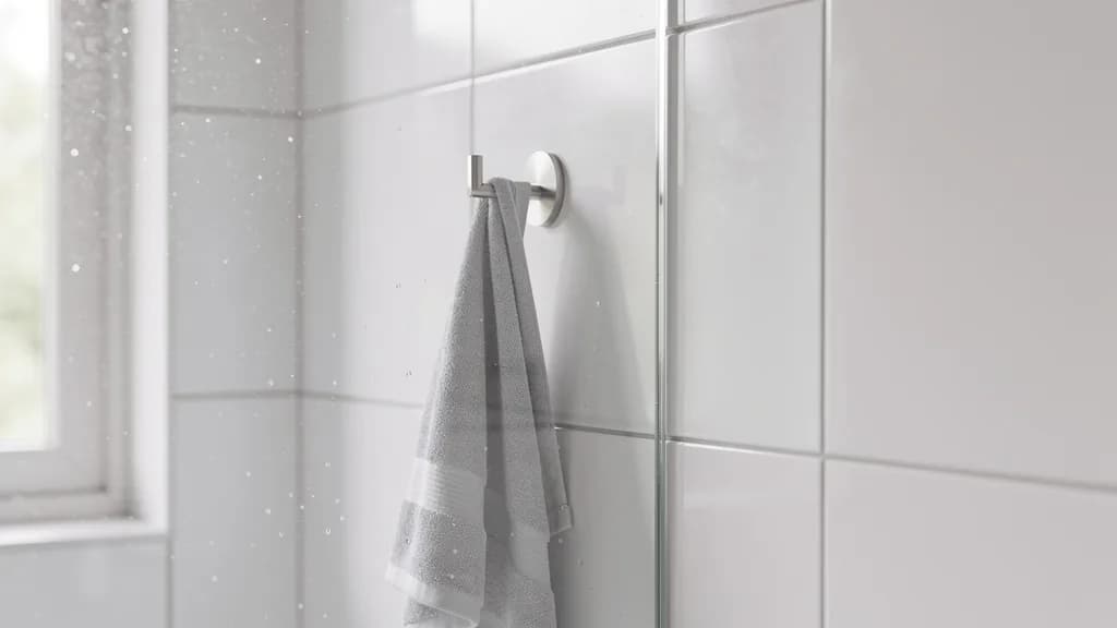 Gebürsteter Edelstahl-Wandhaken mit grauem Handtuch an glänzenden weißen Badfliesen neben der Glas-Duschwand.