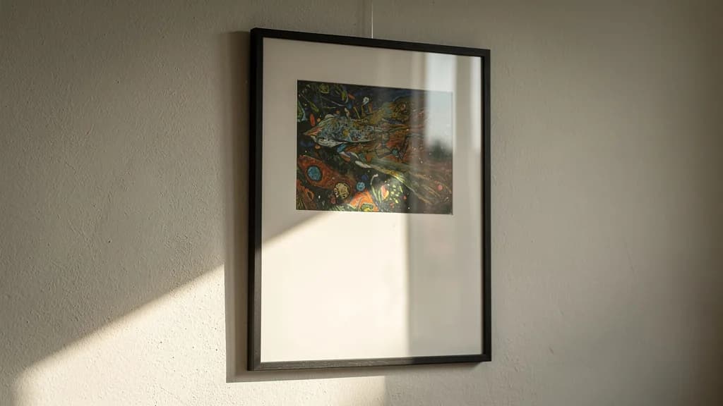 Gerahmter Kunstdruck an einer hellen Wand, eine harte Sonnenkante teilt das Bild in einen blassen und einen satten Bereich.