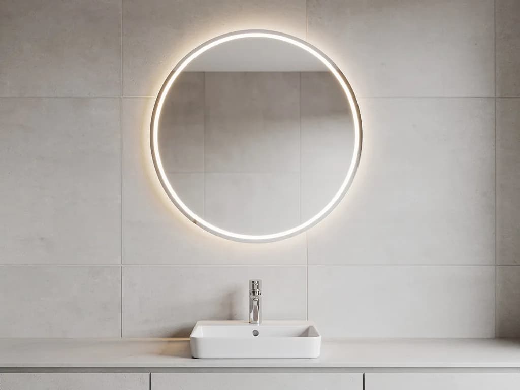 Runder LED-Badspiegel mit gleichmäßig leuchtendem Rand über einem Waschbecken an einer grau gefliesten Badwand.