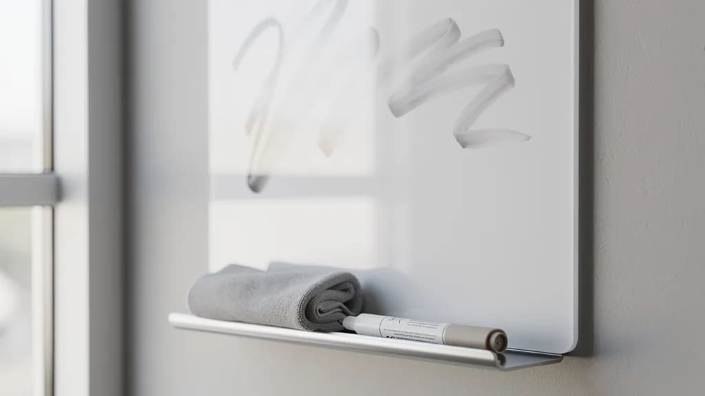 Weißes Glas-Memoboard an grauer Wand mit blassen Markerschatten, Mikrofasertuch und Marker auf der Alu-Ablage