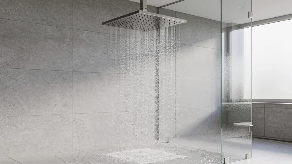 Deckenmontierte quadratische Regendusche aus Edelstahl mit fein fallendem Wasserstrahl in einer hellgrau geflieste Walk-in-Dusche.