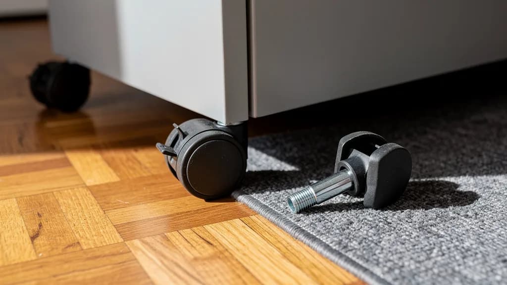 Rollcontainer-Ecke mit montierter Doppelrolle auf Parkett, daneben eine lose Rolle mit Gewindestift auf grauem Teppich.