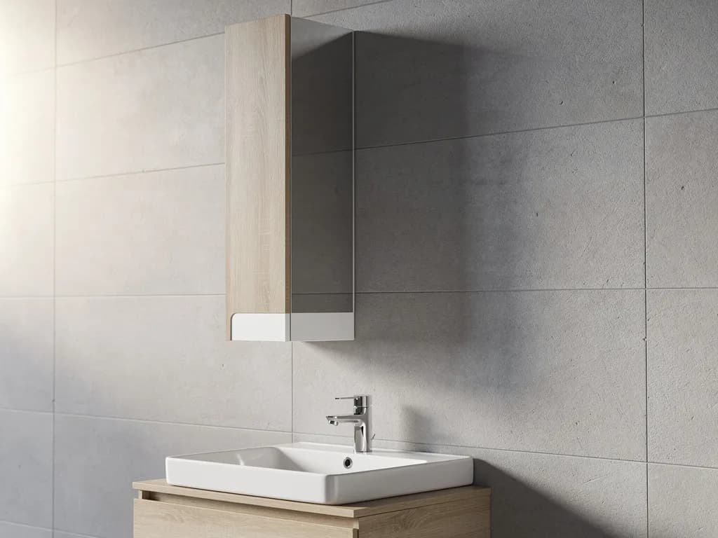 Seitenansicht eines an der Wand montierten Spiegelschranks, der nur wenig in den Raum ragt, über einem Waschbecken mit Chromarmatur.