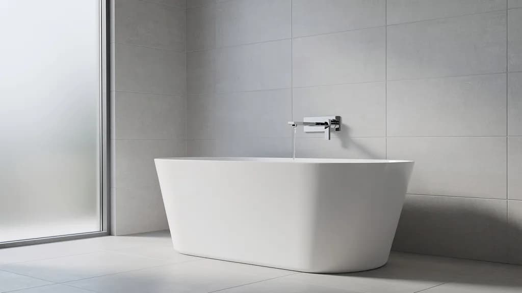 Modernes Bad mit weißer Badewanne und verchromter Wannenarmatur in Wandmontage vor grauen Großformatfliesen.