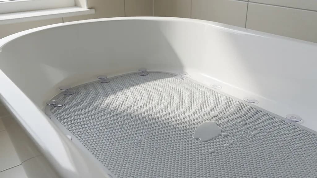 Hellgraue rutschfeste Wanneneinlage mit Saugnäpfen bedeckt den Boden einer weißen Badewanne, darauf einzelne Wassertropfen.