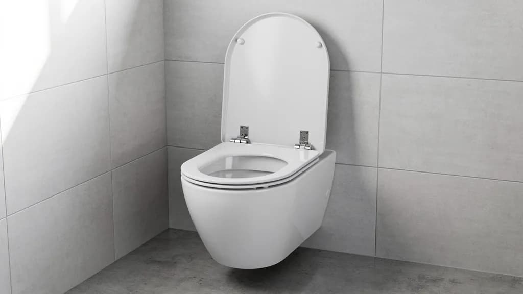 Wand-WC aus weißer Keramik mit hochgeklapptem Deckel, die Edelstahlscharniere des WC-Sitzes sind sichtbar.
