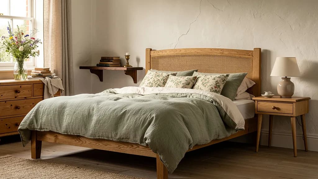 Cottagecore Schlafzimmer mit Eichenbett, geflochtenem Rattan-Kopfteil und salbeigrüner Leinenbettwäsche vor cremefarbener Wand.