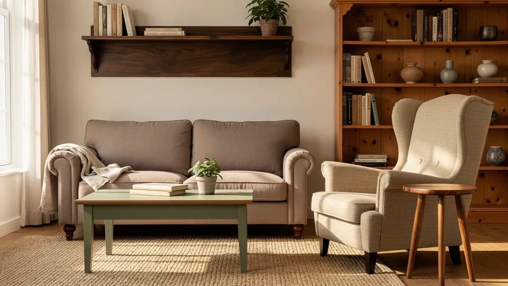 Cottagecore Wohnzimmer mit taupefarbenem Sofa, salbeigrünem Couchtisch, hellem Kiefernregal und beigem Hochlehnsessel auf einem Juteteppich.