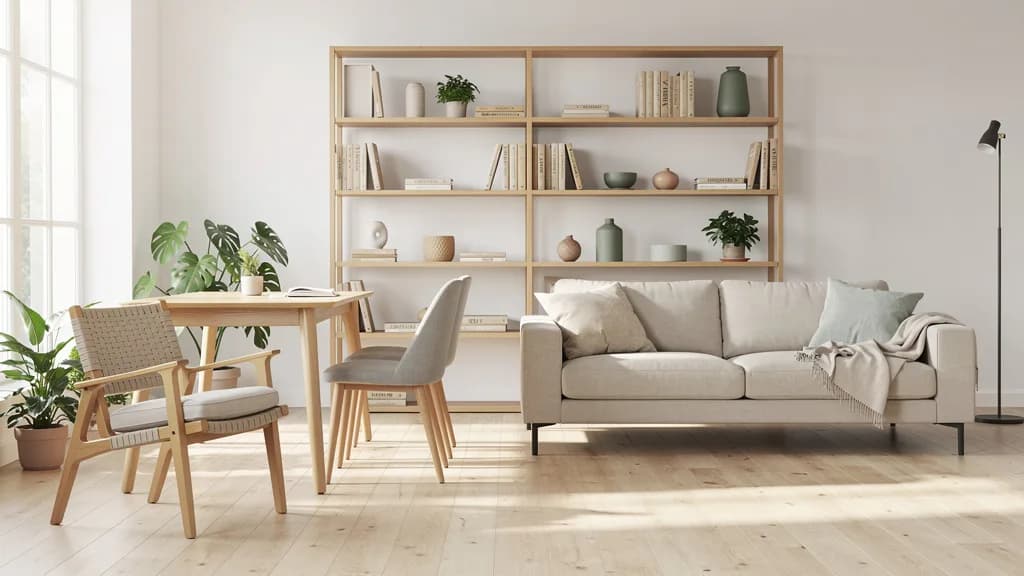 Skandinavisch eingerichtete erste Wohnung mit hellem Sofa, Esstisch aus Eiche und offenem Regal