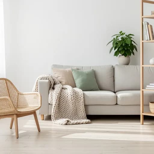 Gemuetliche Wohnecke mit hellem Sofa, Strickdecke, Rattansessel und Eichenregal