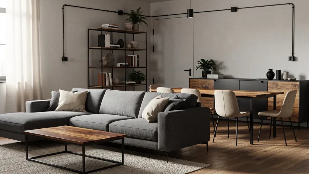 Industrial-Wohnraum mit grauem Ecksofa, Holz-Couchtisch auf schwarzem Metallrahmen, offenem Metallregal und Esstisch mit hellen Leinenstühlen.