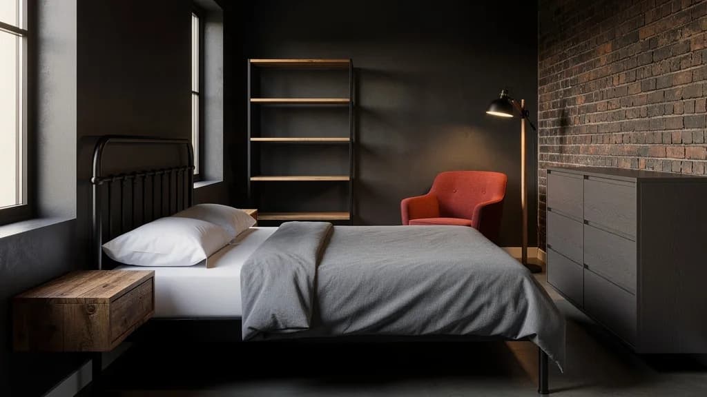 Industrial Gästezimmer mit schwarzem Metallbett, grauer Bettwäsche, offenem Regal und rotem Sessel vor Ziegelwand