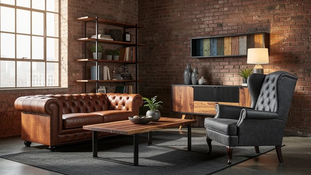 Industrial-Vintage Wohnzimmer vor Backsteinwand mit braunem Chesterfield-Sofa, schwarzem Bücherregal aus Metall, Massivholz-Couchtisch und grauem Ohrensessel