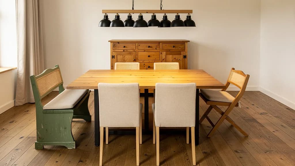 Landhaus-Esszimmer mit massivem Eichentisch auf schwarzem Metallgestell, salbeigrüner Sitzbank, beigen Polsterstühlen und Kiefernkommode unter einer Balken-Pendelleuchte
