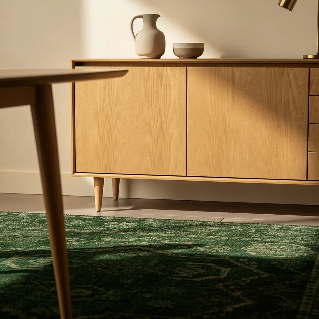 Helles Eichen-Sideboard mit Keramikkaraffe und Schale auf schräg gestellten Holzbeinen, davor ein grüner Vintage-Teppich.