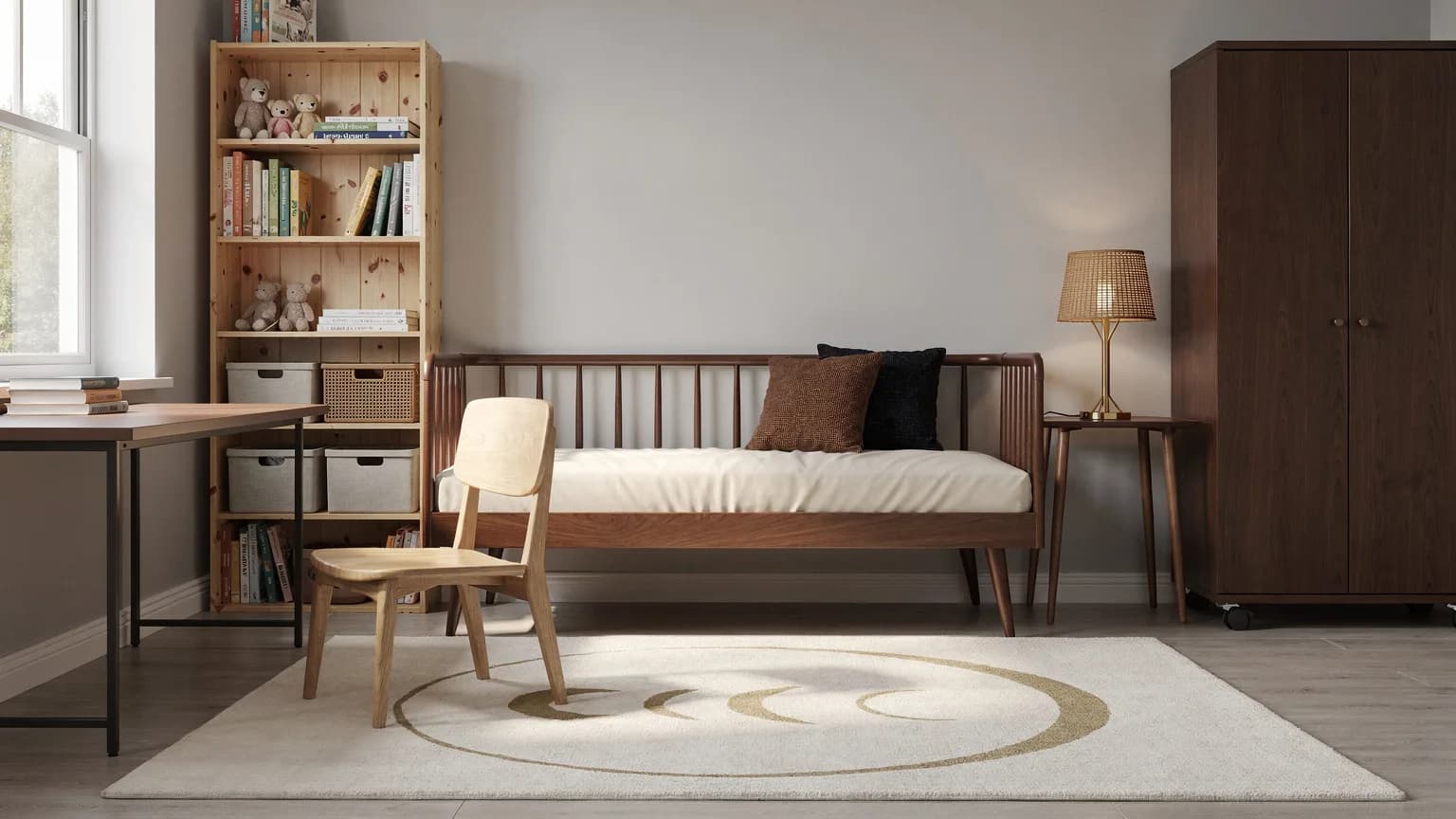 Mid-Century Kinderzimmer mit Daybett aus Nussbaum mit Sprossenlehne, hohem Kiefernregal mit Büchern und Körben, hellem Birkenstuhl und cremefarbenem Teppich mit goldenem Mondmotiv
