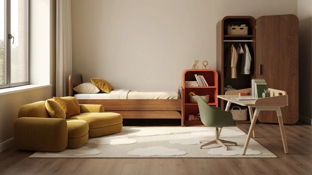 Mid-Century-Kinderzimmer mit Massivholzbett, senfgelbem Cord-Sofa, terrakottafarbenem Bücherregal und offenem Holzkleiderschrank.