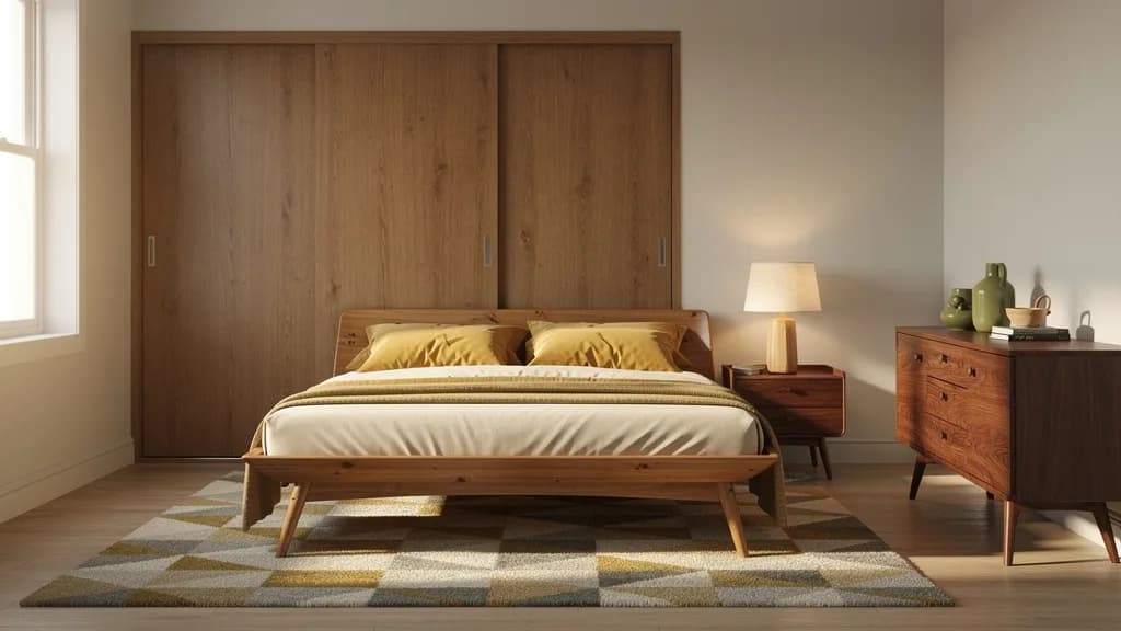 Mid-Century Schlafzimmer mit hellem Kiefernbett, Eiche-Schwebetürenschrank, Nussbaum-Nachttisch und Kastanien-Anrichte auf gemustertem Retro-Teppich.