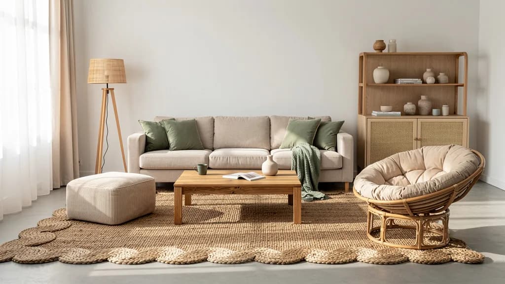 Skandi-Boho Wohnzimmer mit beigem Sofa, Juteteppich mit Bogenkante, Rattansessel und Couchtisch aus Akazie