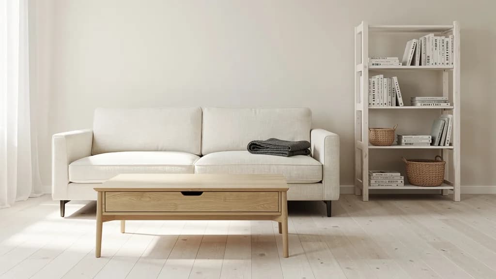 Cremefarbenes Zweisitzer-Sofa mit Eichen-Couchtisch und weißem Kiefernregal vor heller Wand