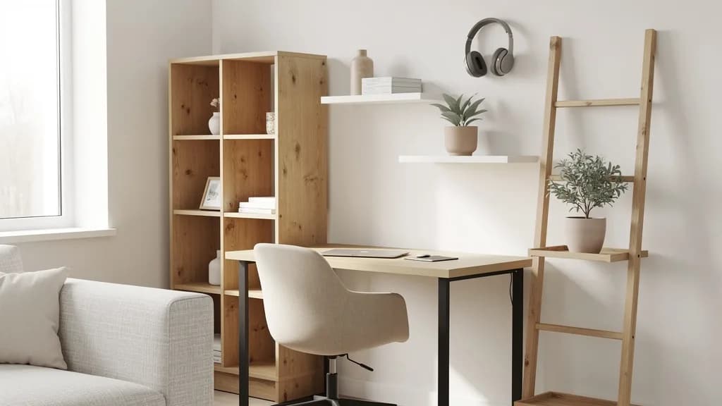 Skandinavische Homeoffice-Ecke im Wohnzimmer mit beigem Schreibtisch, hellem Stuhl, Eichenregal, Leiterregal und weißen Wandboards.