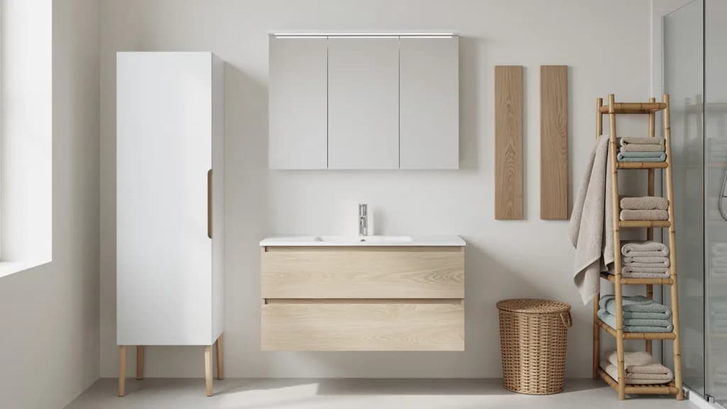 Skandinavisches Badezimmer in Weiß und heller Eiche mit Waschtisch, dreitürigem Spiegelschrank, schmalem Hochschrank auf Holzbeinen und Bambusregal