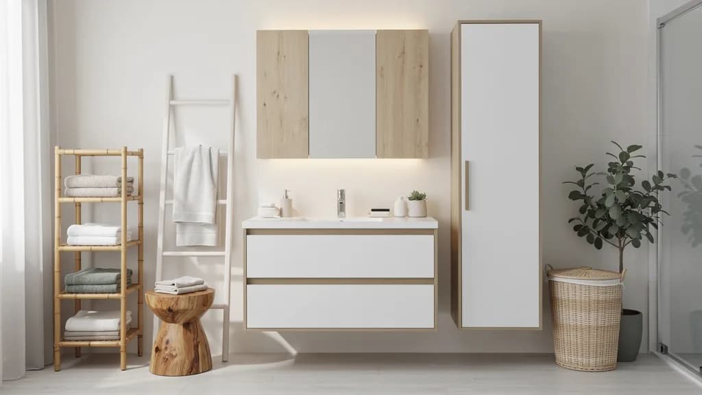 Skandinavisches Badezimmer mit weiß-eichenem Waschtisch, LED-Spiegelschrank, Bambusregal, Handtuchleiter und Wäschekorb.