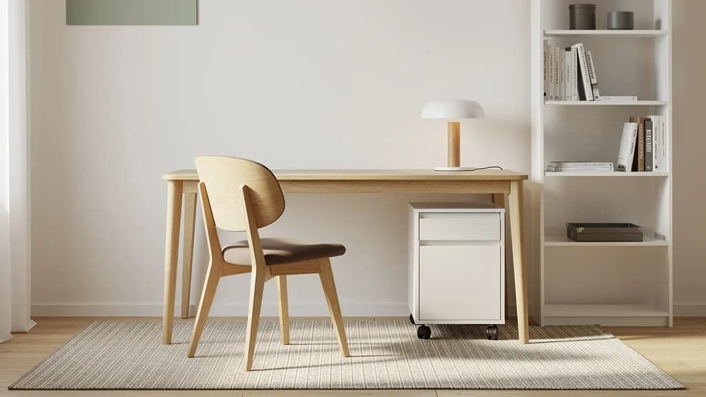 Skandinavisches Homeoffice mit Eichenschreibtisch, Holzstuhl, weißem Rollcontainer, weißem Bücherregal und gestreiftem Naturteppich.