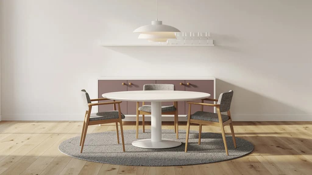 Skandinavisches Esszimmer mit rundem weißem Tisch auf Säulenfuß, drei Stühlen mit Eichengestell und grauem Stoffbezug, mauvefarbenem Sideboard, rundem grauem Teppich und weißer Pendelleuchte