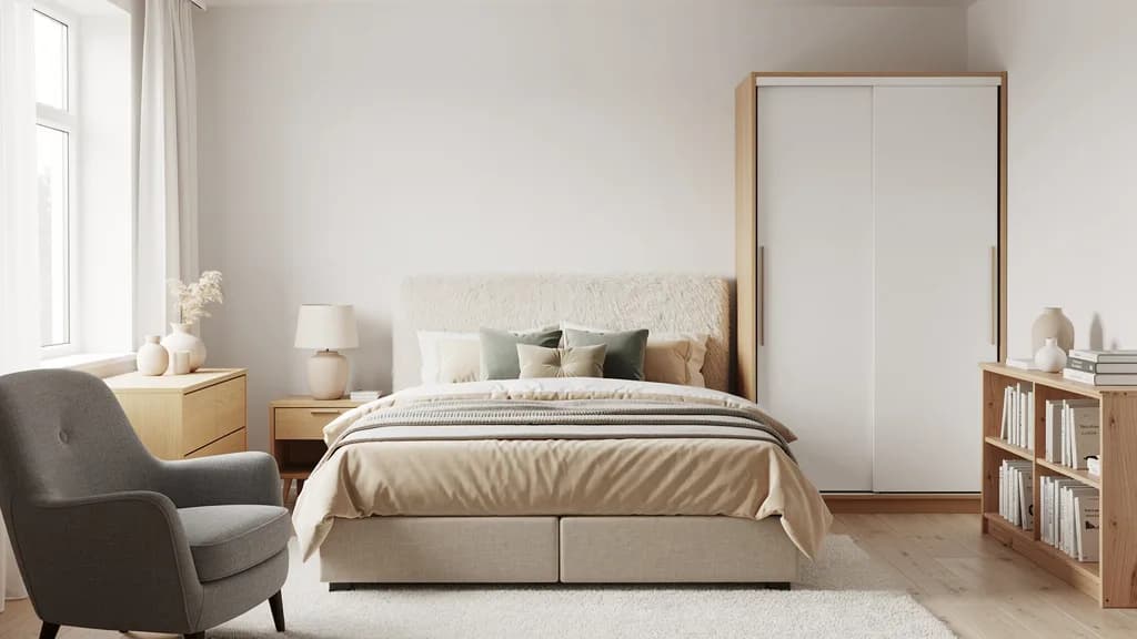 Skandinavisches Gästezimmer mit beigem Boxbett, Eichen-Nachttisch, weißem Schwebetürenschrank und grauem Lesesessel