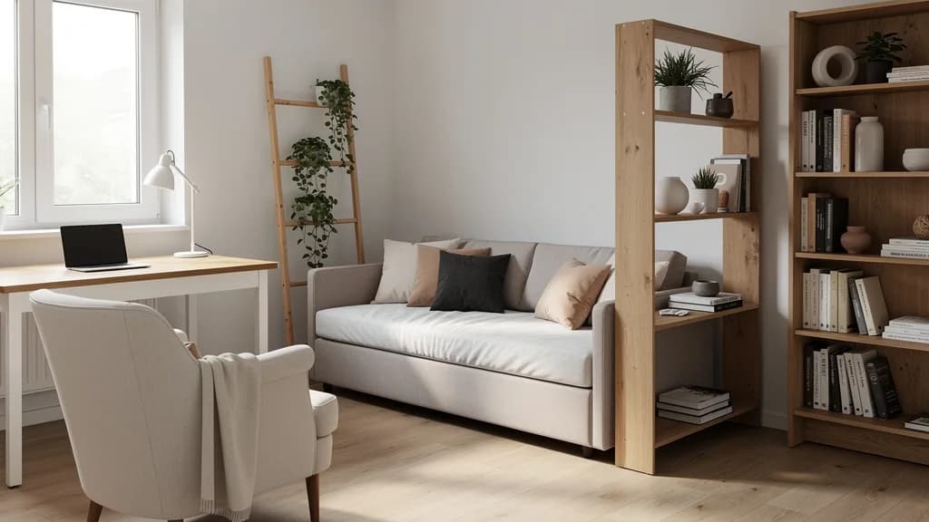 Helles skandinavisches WG-Zimmer mit beigem Daybett, weißem Eichen-Schreibtisch am Fenster, cremefarbenem Sessel und Holzregalen.