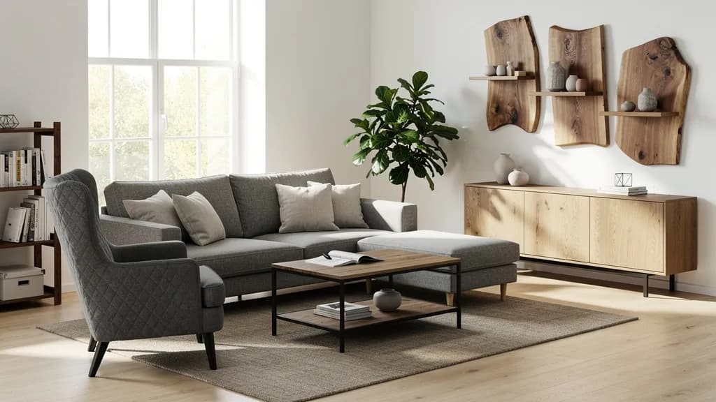 Skandinavisches Wohnzimmer mit grauem Sofa mit Ottomane, Eichen-Couchtisch auf schwarzem Metallgestell und Akazienbrettern über dem Sideboard.