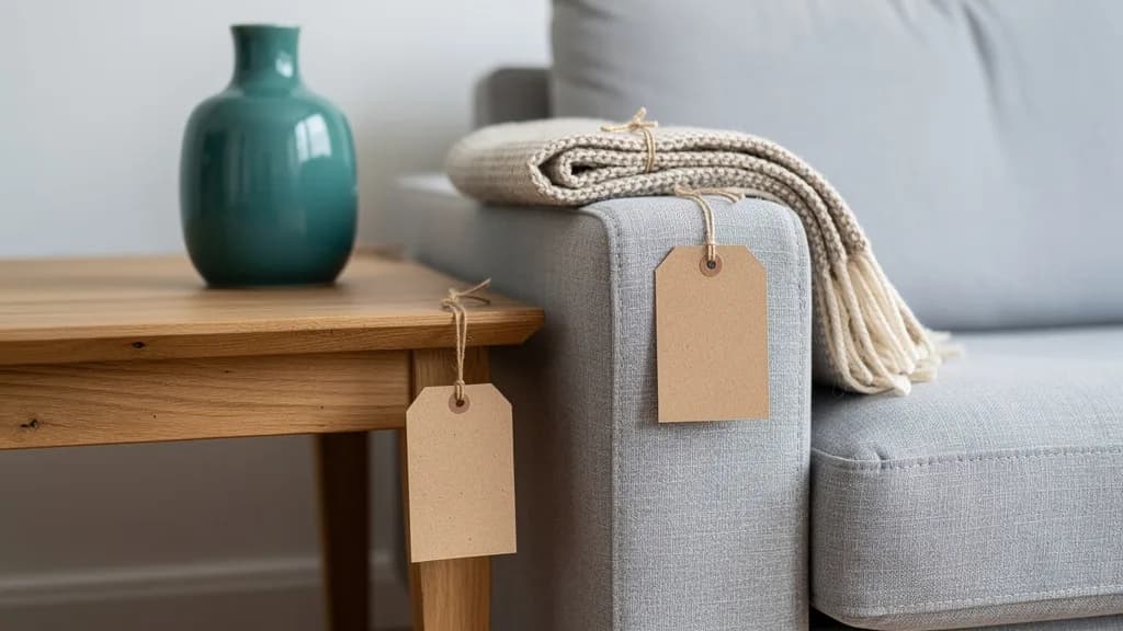 Graues Stoffsofa und Eichen-Beistelltisch mit leeren Kraftpapier-Preisschildern an Schnüren, dazu eine türkise Keramikvase.