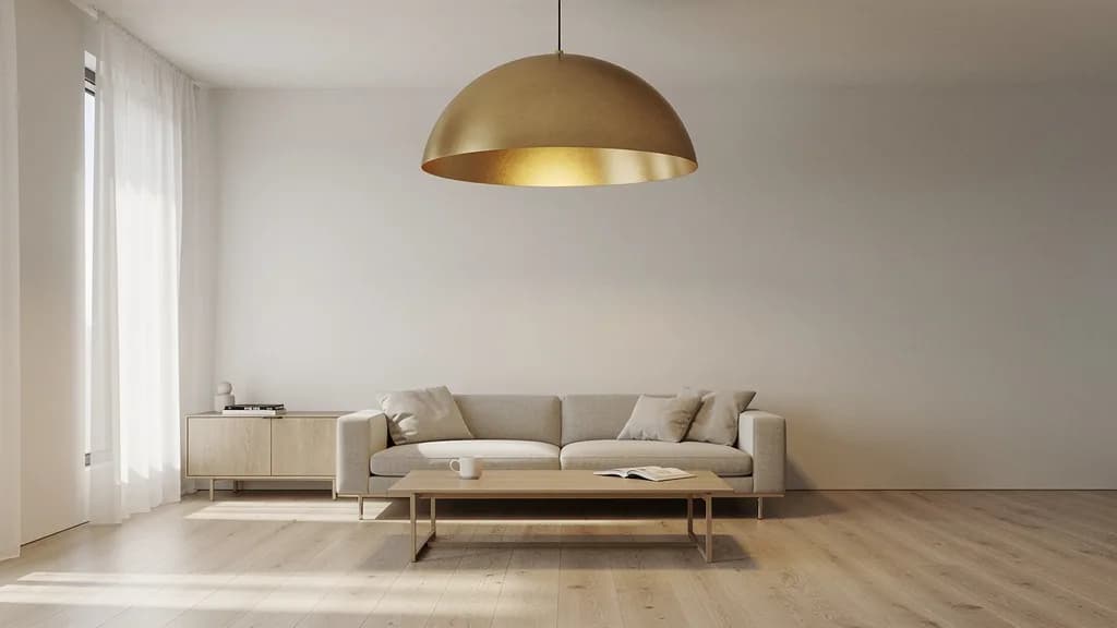 Messingfarbene Kuppel-Pendelleuchte über einem Esstisch aus heller Eiche, warm gedimmtes Licht, beige Leinenvorhänge am Abendfenster